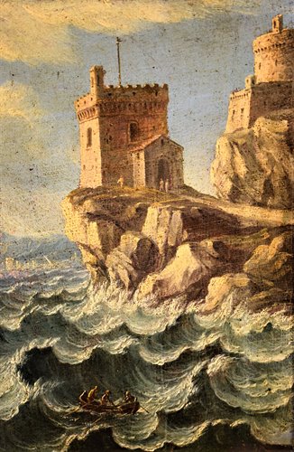 Marine in tempesta con galeoni sulle coste